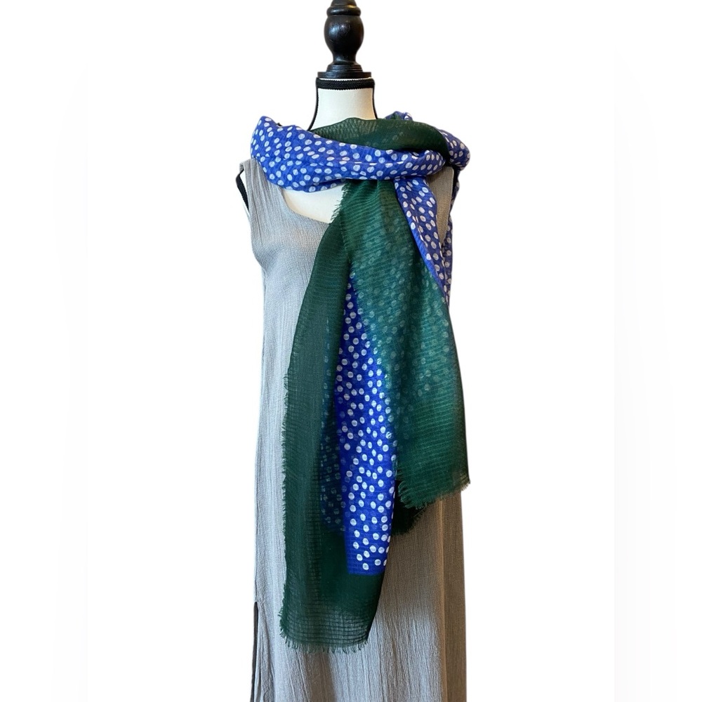 Blue Polka Dot Fringe Scarf with Green Border